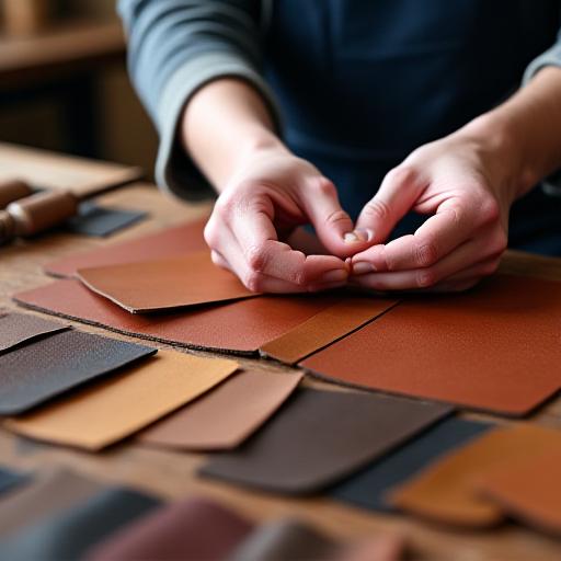 職人が革素材を注意深く選んでいる様子